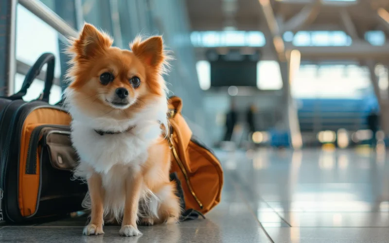el-perro-de-pomerania-espera-junto-al-equipaje-en-el-aeropuerto-mostrando-paciencia-antes-del-proximo-vuelo